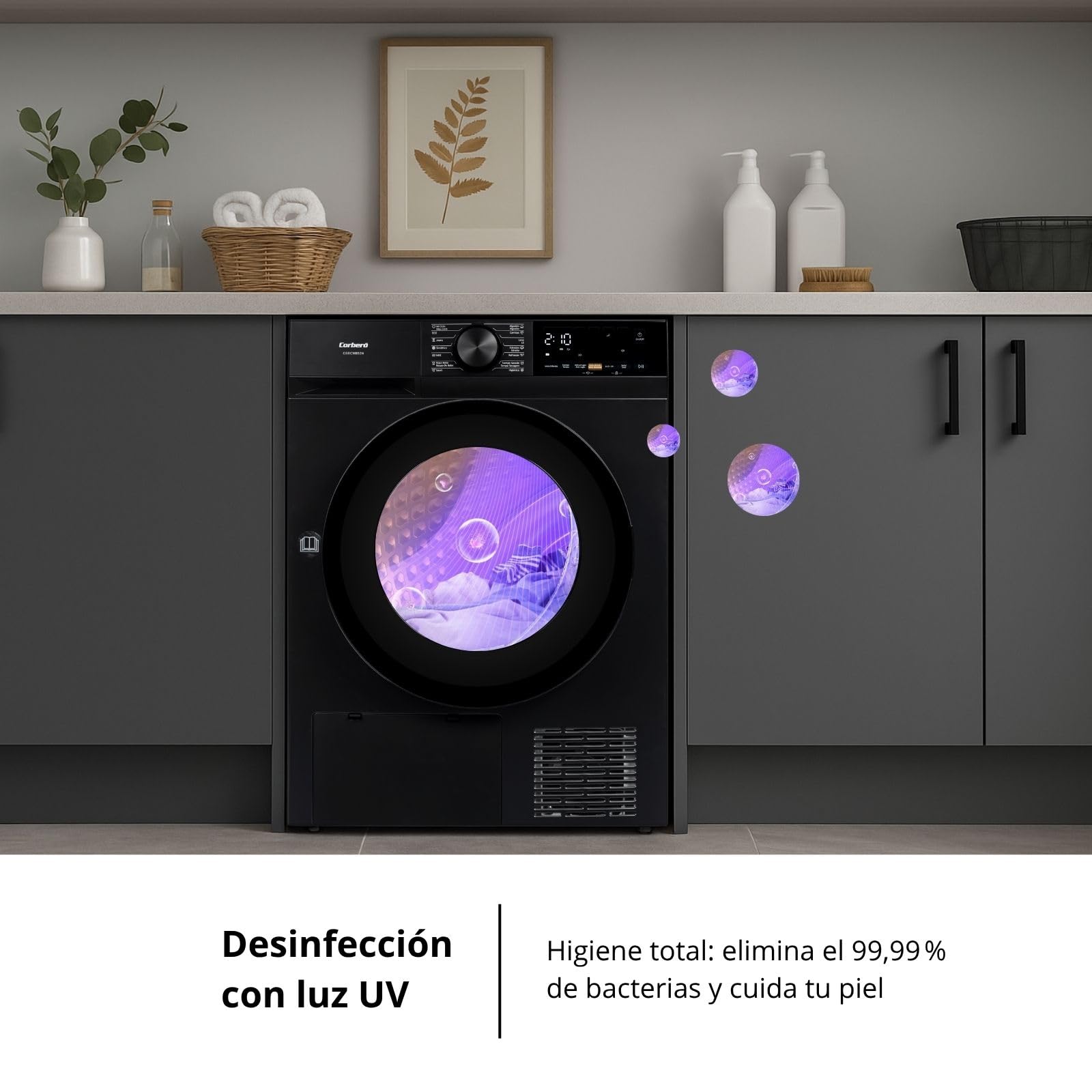 Corberó - Secadora Bomba de Calor Excellence | CSBCM850N | 8 kg | 84,5 x 60 x 59,5 cm | Motor Inverter | 5 Niveles de Secado | Purificación Luz UV | Tambor Inox | 65 dB | Negro | Clase C