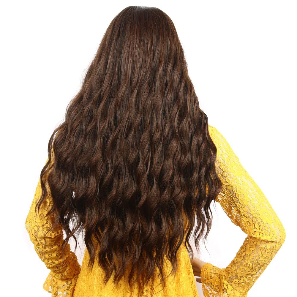 Long Wavy Wig for Women Solid Color Natural Synthetic Hair with Bangs (Reddish brown)