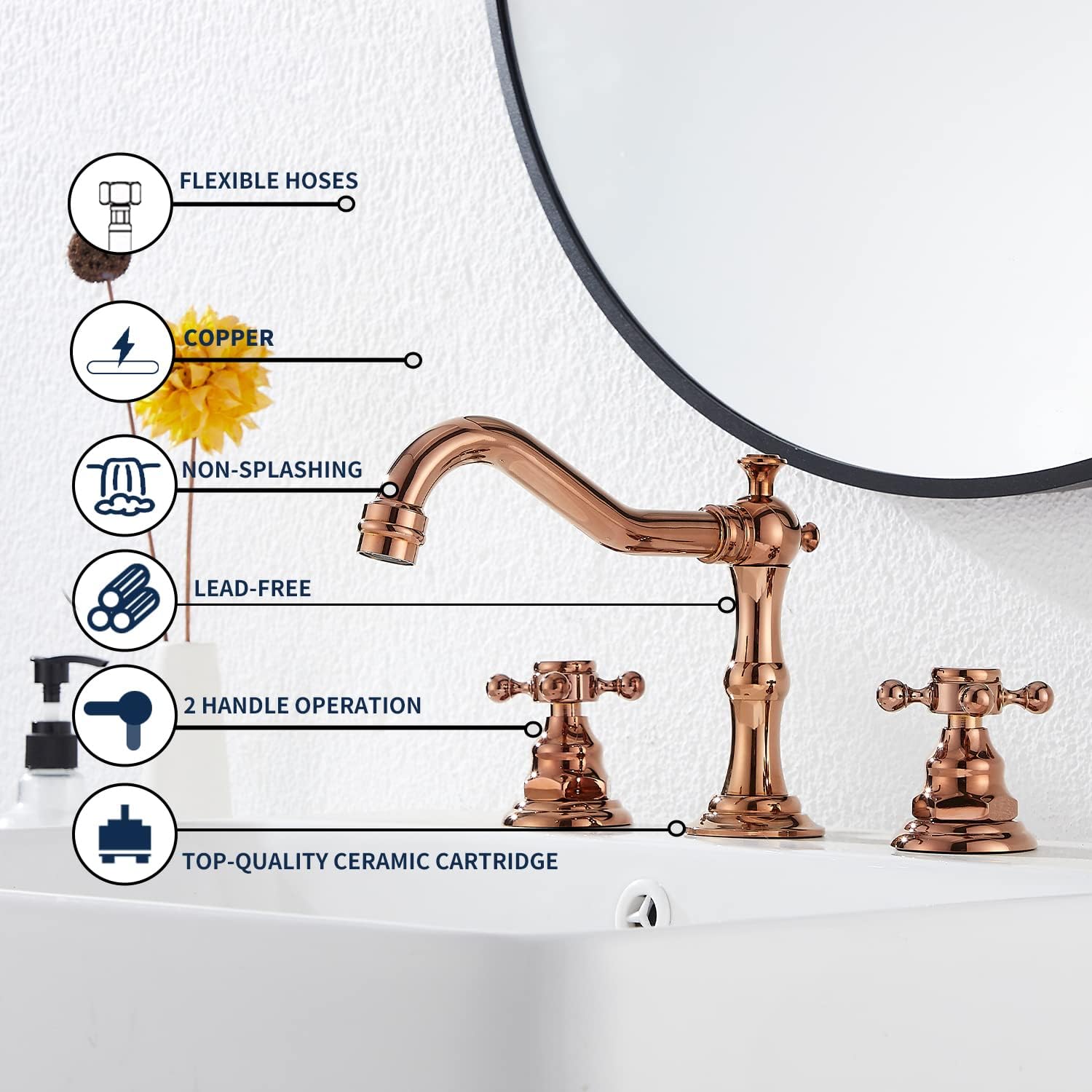 GGStudy 8-16 inch Two Handles 3 Holes Widespread Bathroom Sink Faucet Copper Basin Mixer Tap Faucet Matching Metal Pop Up Drain with Overflow