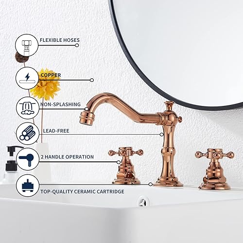 Miniatura 5 de GGStudy Grifo de lavabo de baño de 8-16 pulgadas con dos manijas, 3 orificios, instalación extendida, grifo mezclador de lavabo de cobre con desagüe