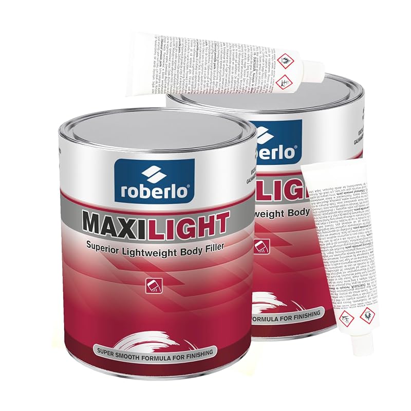 Massa de Poliéster para Funilaria Roberlo Maxilight para Reparos em Alumínio, Aço, Zinco, Galvanizado e Fibra de Vidro, 3 L + Endurecedor 3 L