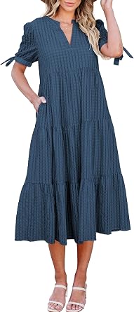ECOWISH Women Summer Casual Dress - V Neck Short Sleeve Gingham Midi Pleated Tiered Loose Fit Holiday Picnic Dresses