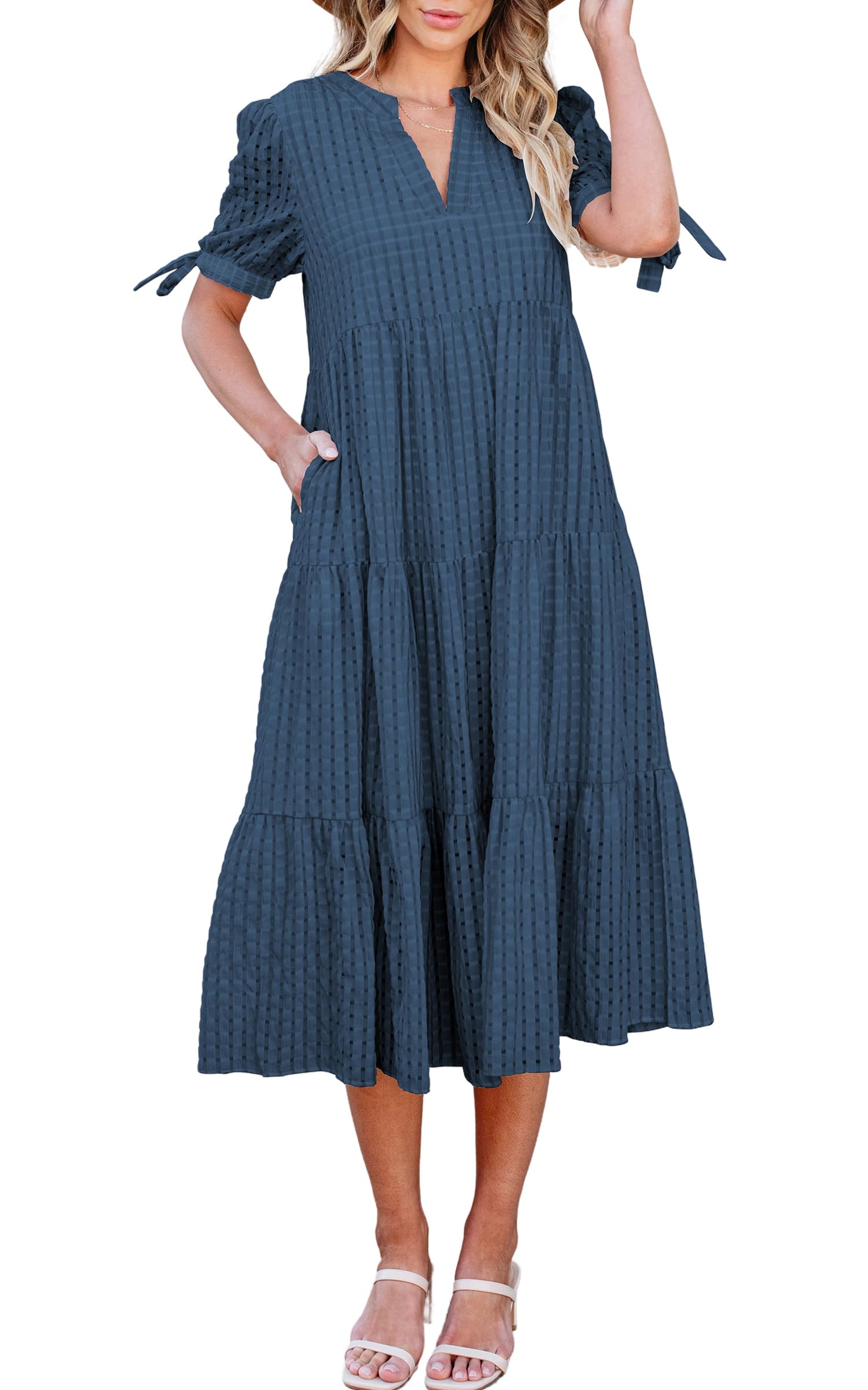 ECOWISH Women Summer Casual Dress - V Neck Short Sleeve Gingham Midi Pleated Tiered Loose Fit Holiday Picnic Dresses