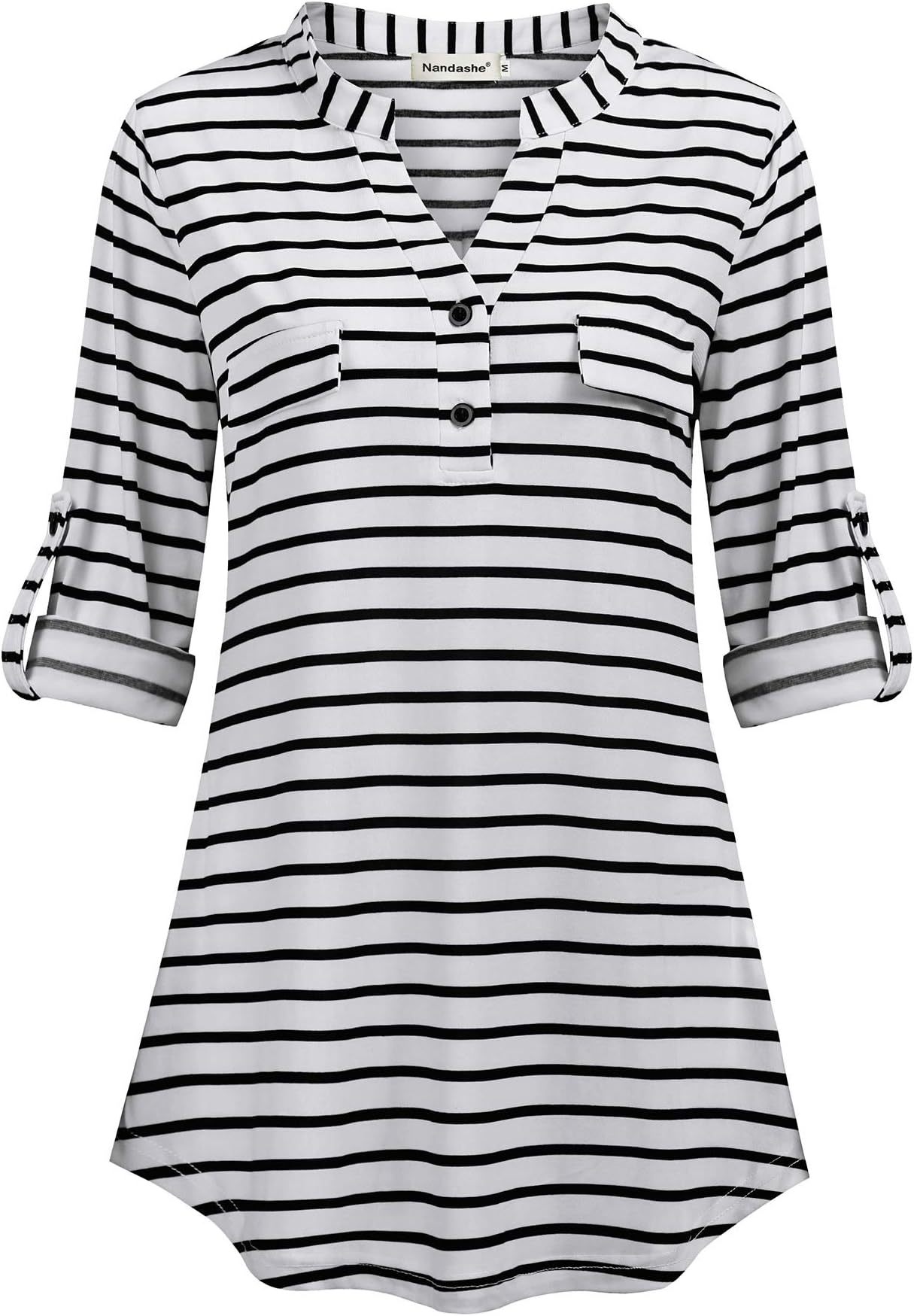 Nandashe Womens 3/4 Roll Sleeve Shirt V Neck Button Down Blouse Loose Tunic Tops