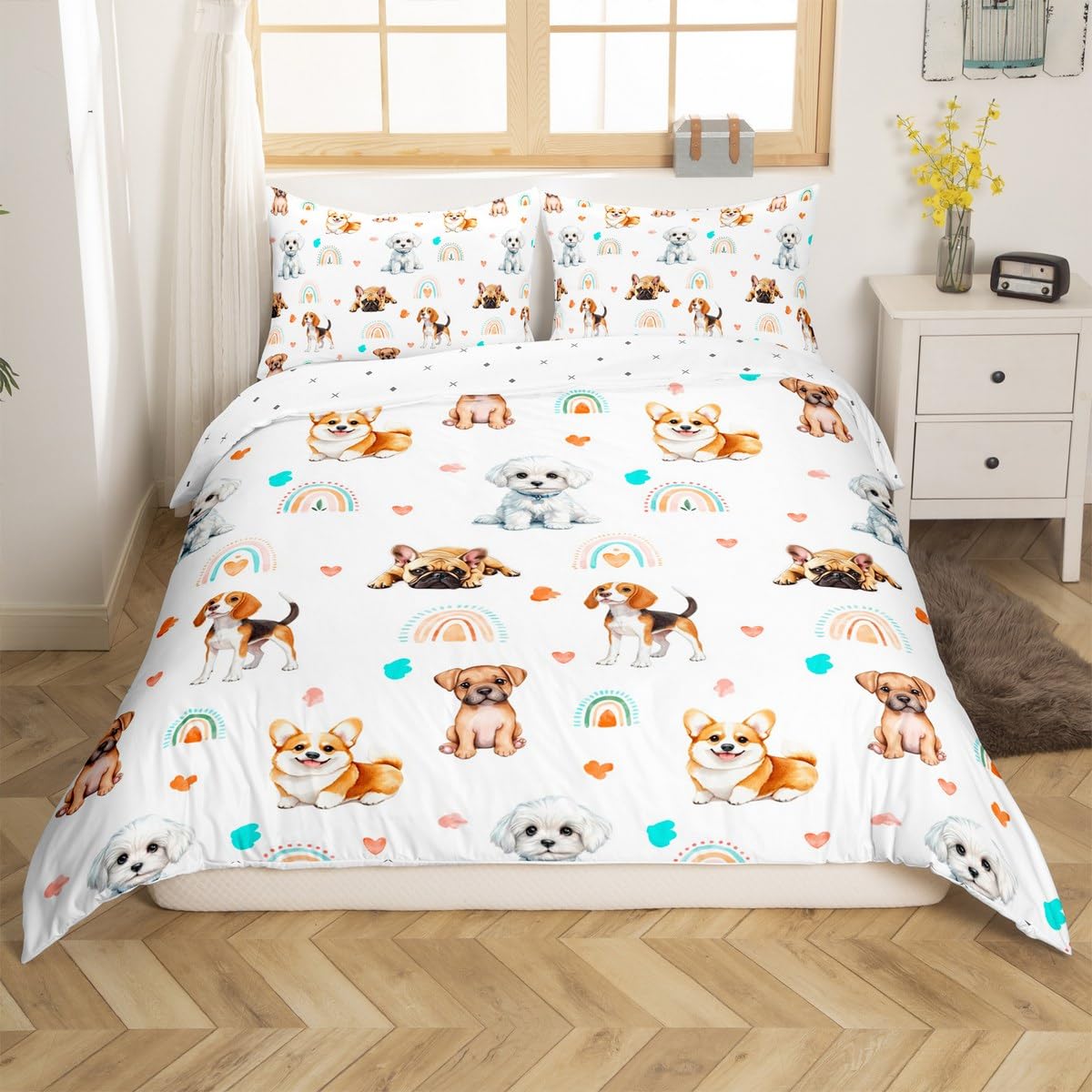 Homemissing Cute Puppy Dog Duvet Cover Set Single Size For Kids Boys Girls Teens Sausage dog Bedding Set Pet Animals Duvet Cover with 1 Pillowcase Animal Rainbow Print Bed Sets