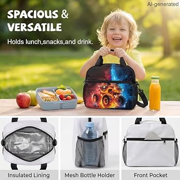 Monster Truck Kids Black Lunch Box for Boys Girls, Insulated Lunch Bag with Easy-Clean Lining & Adjustable Strap Durable Reusable Toddler Lunch Tote for School Camping Daycare
