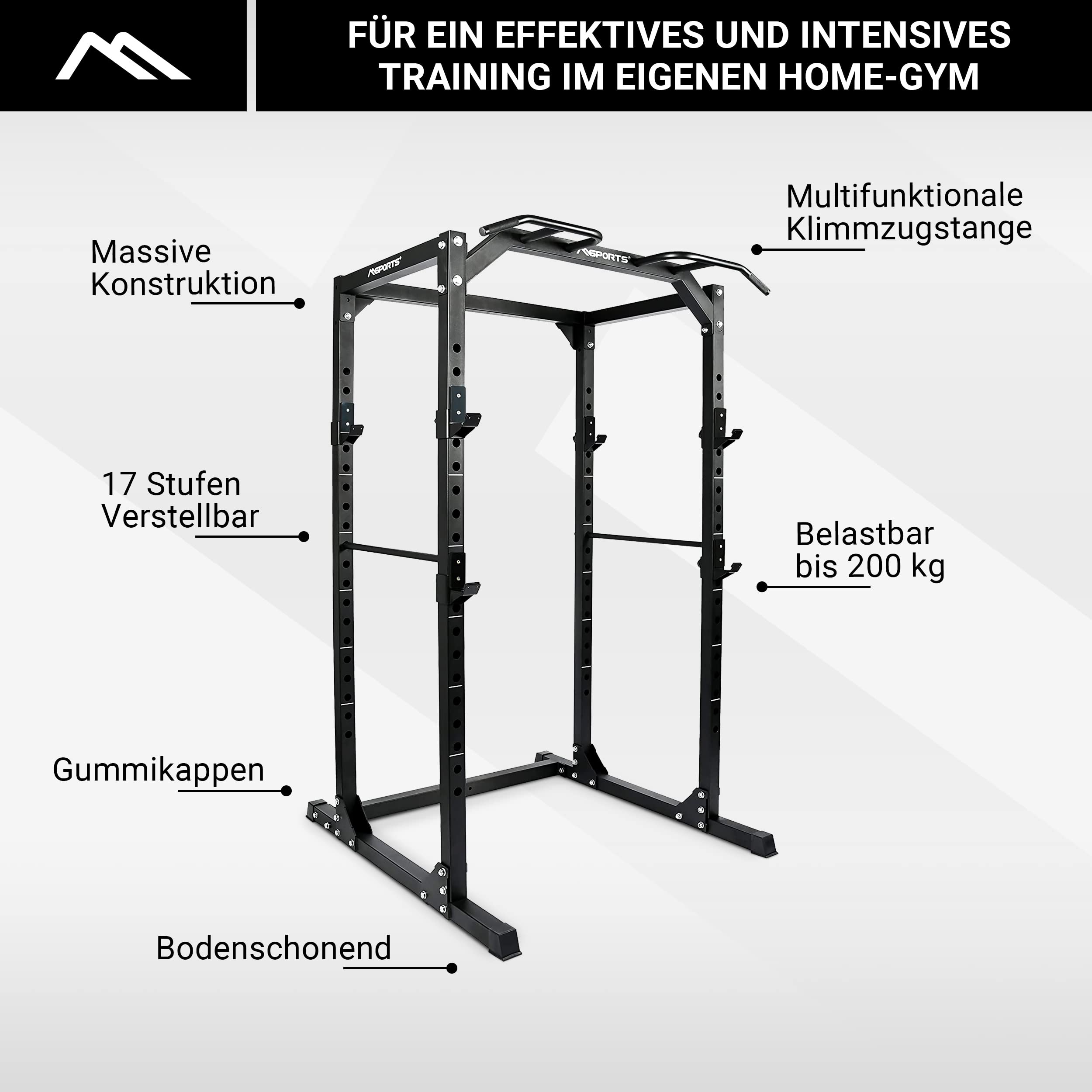 MSPORTS Power Rack Premium Cage H/B/T - 215x120x140 cm Kraftstation bis 200 kg Hantel Käfig Squat Fitnessstation