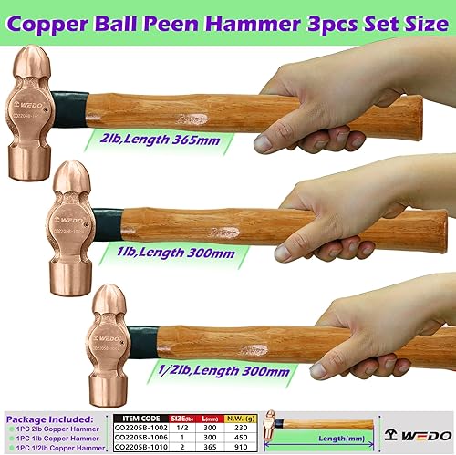 Miniatura 21 de WEDO Juego de martillo de bola de cobre de 3 piezas, 8 onzas + 12 onzas + 16 onzas (1/2 libra+3/4 lb+1 libra), martillo de bola con mango de madera