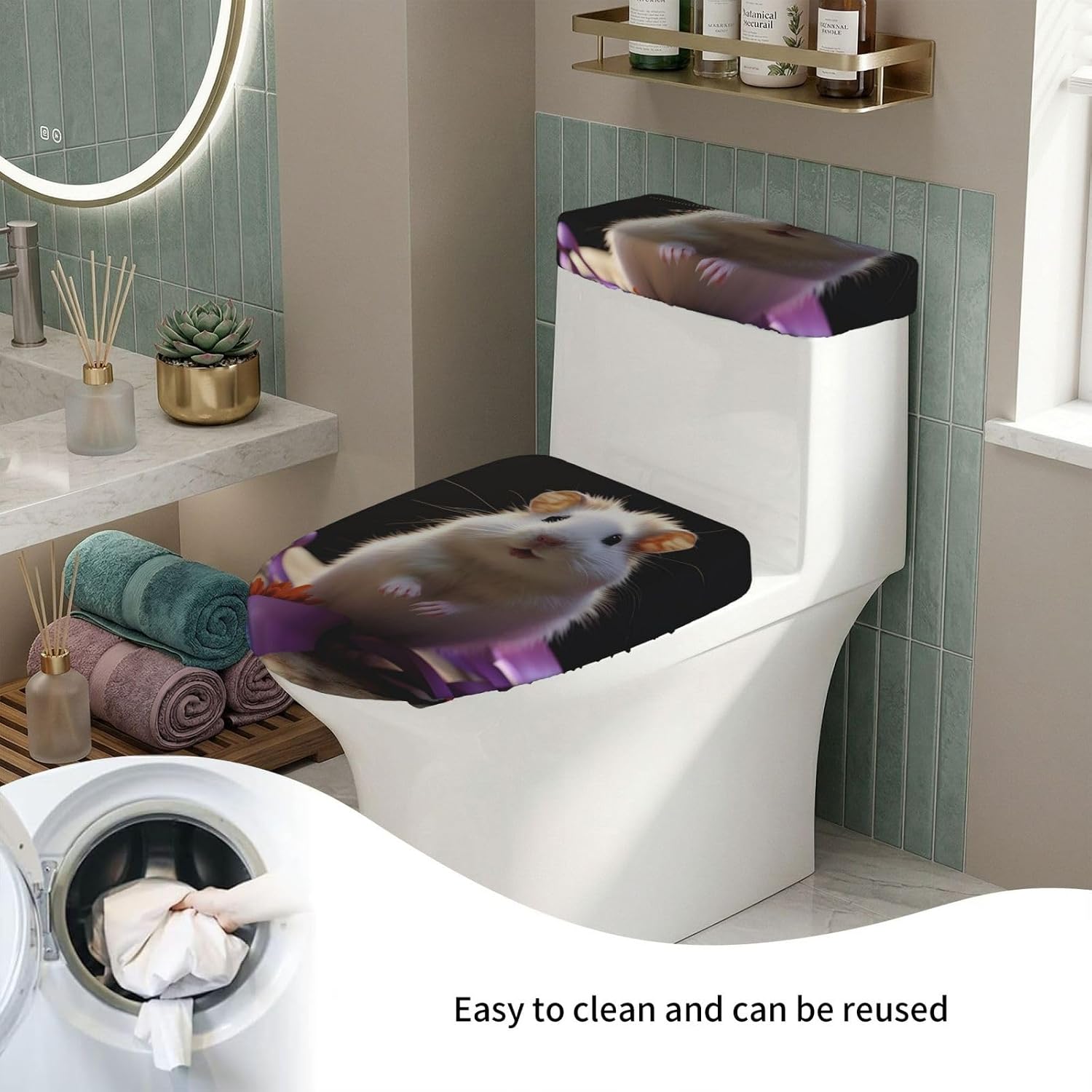 Cute Hamster Toilet Tank Cover And Toilet Lid Cover Set Stretch Bathroom Toilet Lid Seat Cover