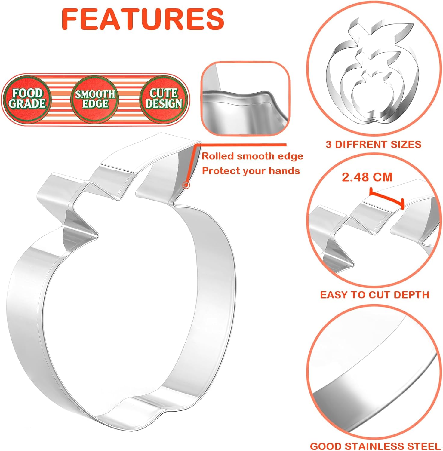 3 Piece Apple Cookie Cutter Set - 3.5", 2.7", 2" Fruit Cutters Shapes