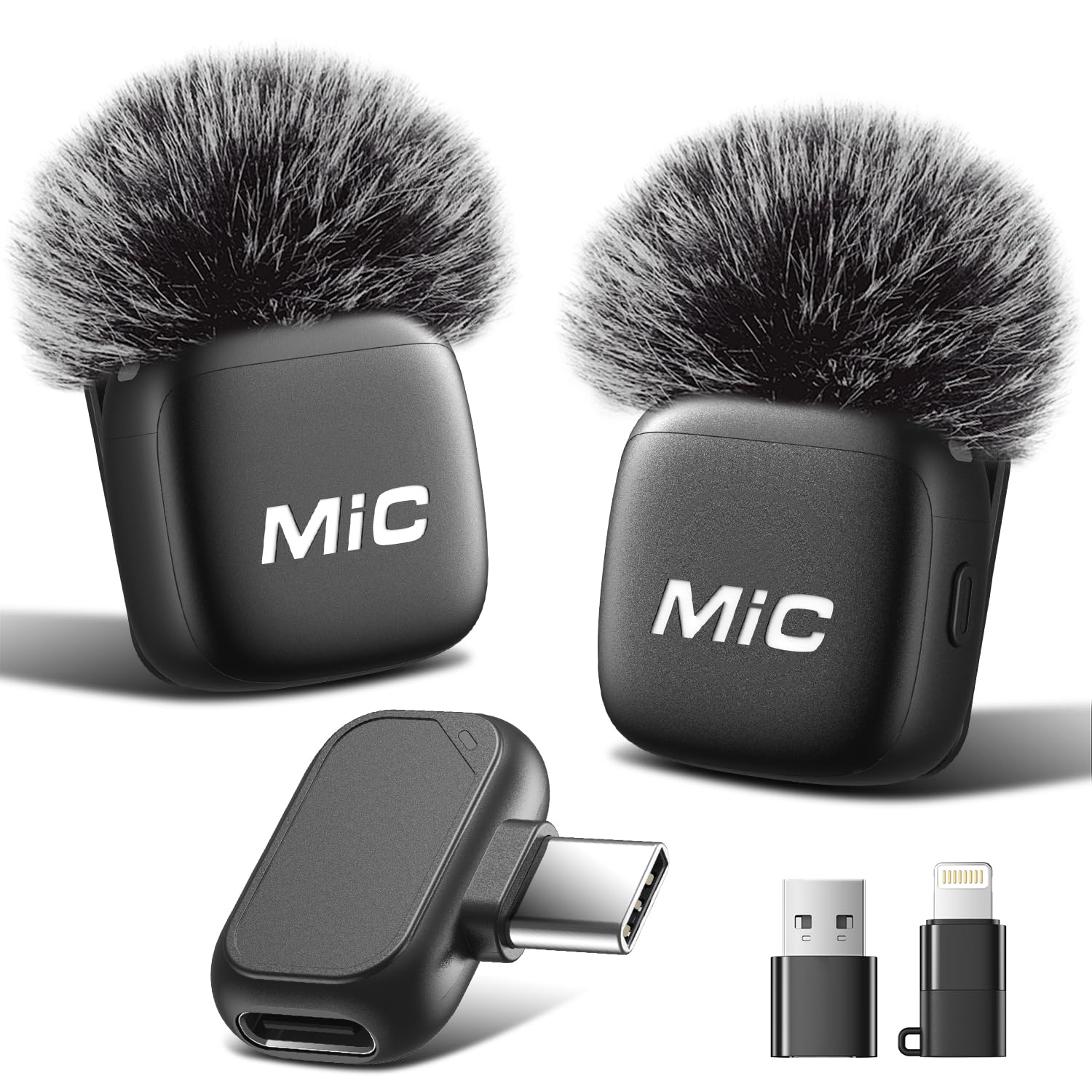 2-Pack Mini Wireless Lavalier Microphone for iPhone, iPad, Android and PC, Clip-On Mic with Noise Reduction, Auto Pairing, Mute and Reverb, USB-C Receiver, Lightning and USB-A Adapters