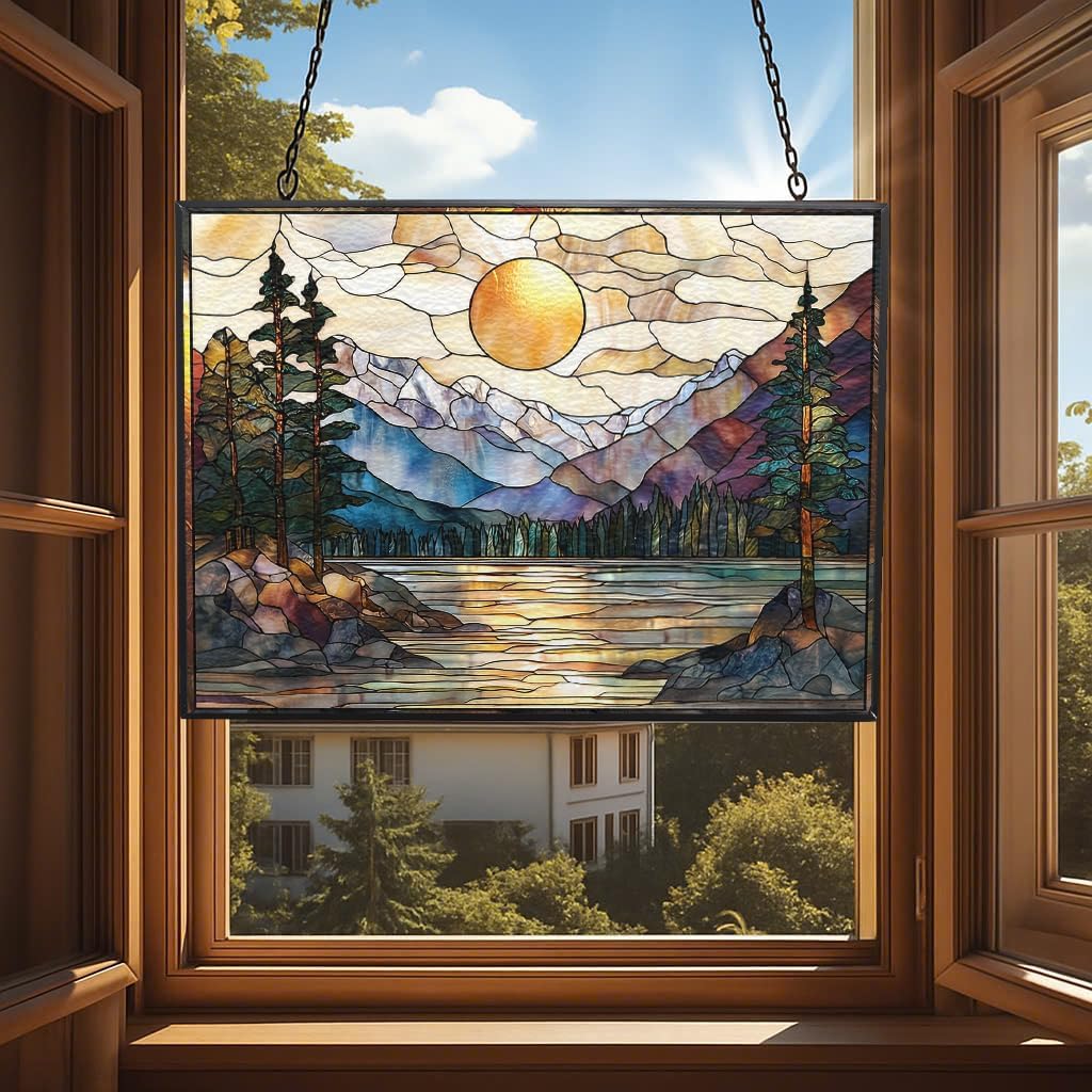 Rectangle Sunset Mountains Lake Tree Stained Glass Sun Catcher Mountain Stained Glass Window Hanging, Suncatchers Lavender Wall Decor, for Women/Friends/Lover