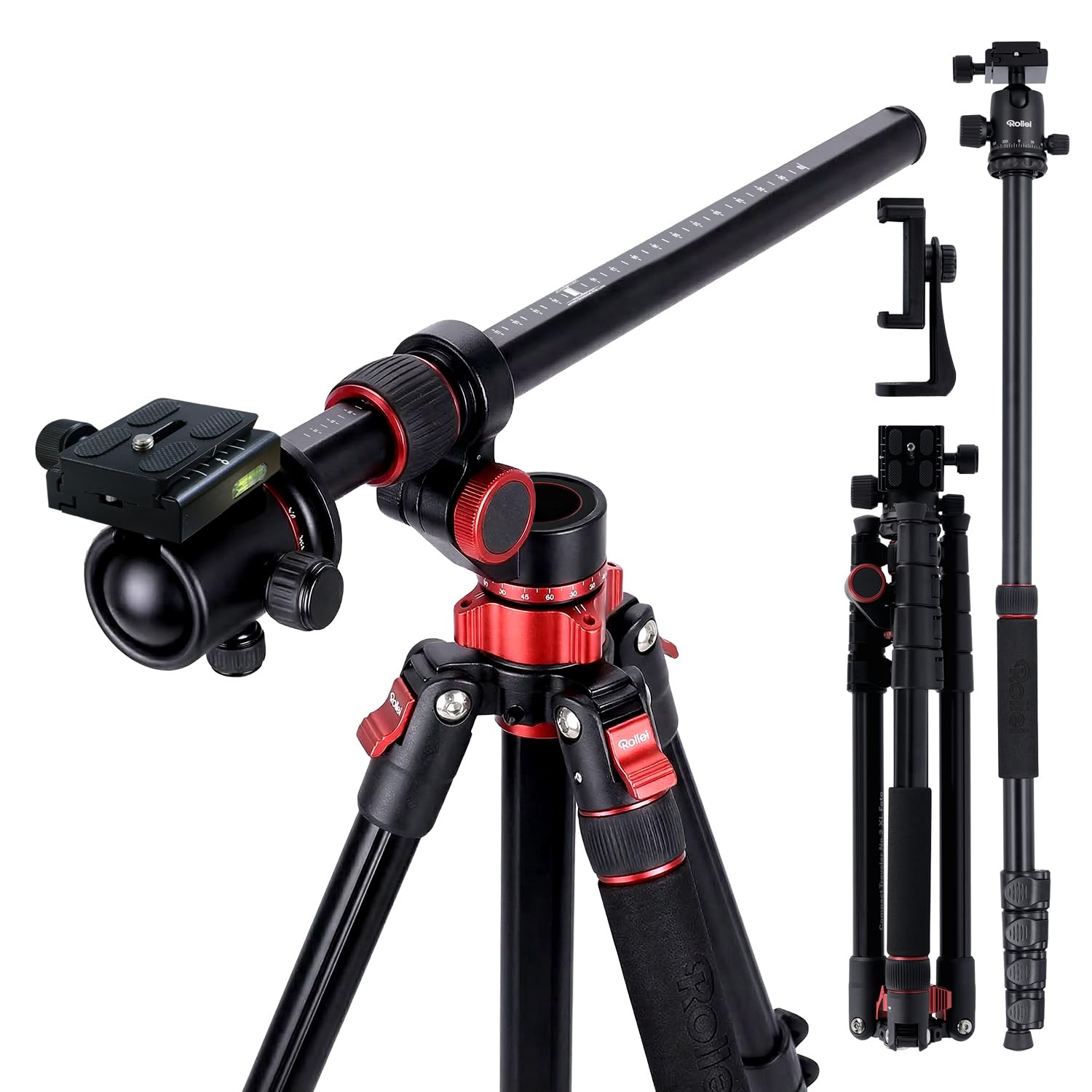 Rollei Compact Traveler No.2 XL Foto Stativ Kamera mit Auslegearm 213cm Kamerastativ aus Alu mit 360° Kugelkopf & Einbeinstativ Dreibeinstativ mit Handhalterung, Kamera-Stativ-Camera-Tripod-Fotostativ