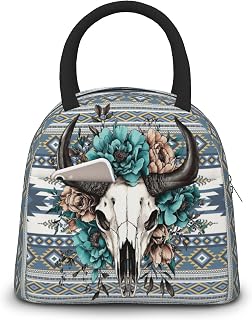 Western Aztec Lunch Bag for Woman Cow Skull Floral Print Insulated Cooler Bag Reusable Portable Thermal Lunch Tote for Work Camping Picnic Beach Home Restaurant Office Hiking Outdoor