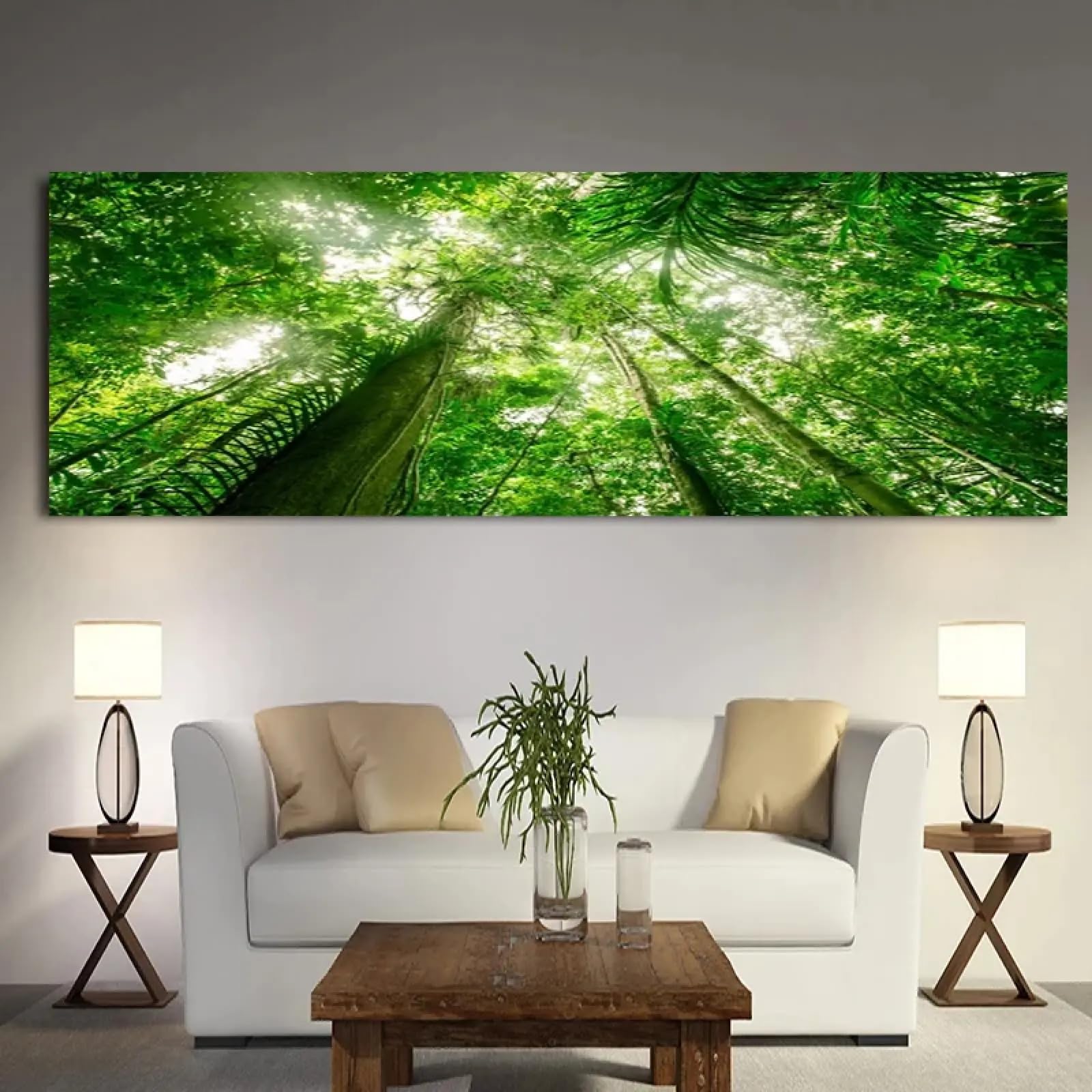 XBTYKPB Textura de bosque verde bajo la luz del sol, pintura de la luz del sol en el bosque, póster de arte, decoración de la sala de estar, cuadros de pared en lienzo 60x180cm con marco