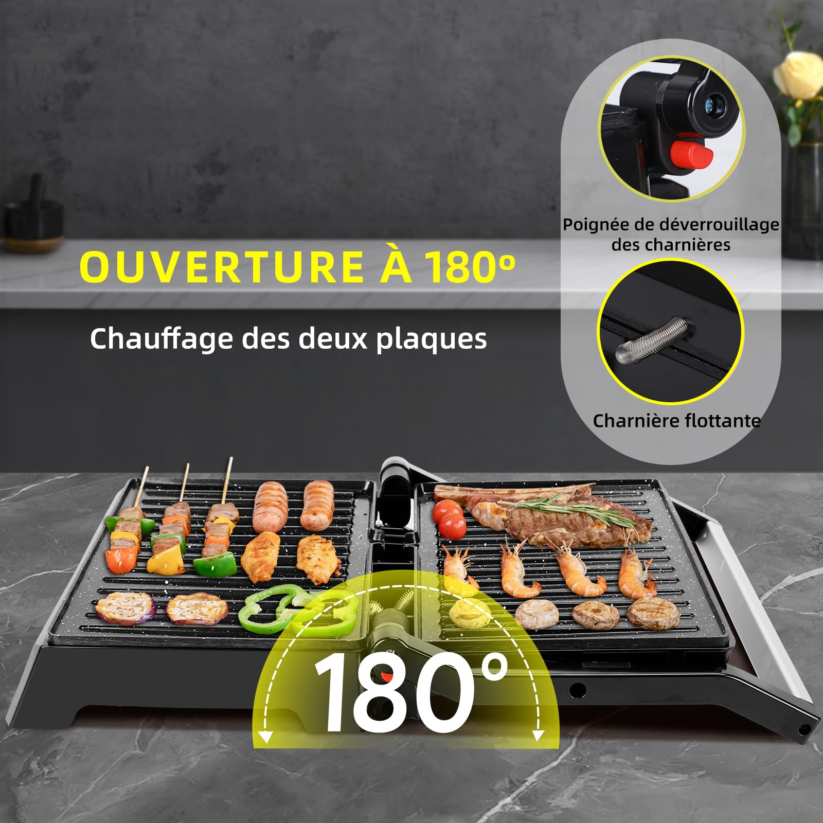 Aigostar Machine à Panini avec Revêtement Céramique, Ouverture 180°, 1500W | Grill électrique, Plaque de 27x17cm, Garanti sans PFAS, Finition Inox | Hett Pro