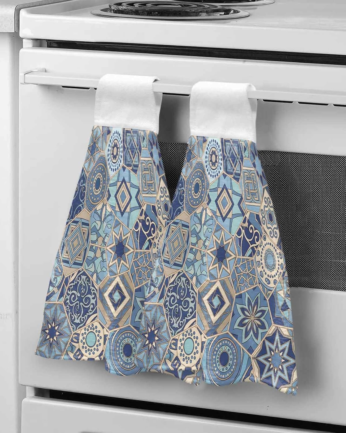 Boho Geometric Kitchen Hand Towels with Hanging Loops Set of 2 Country Tribe Abstract Ethnic Aesthetic Soft Thick Oven Fingertip Dry Microfiber Tie Dish Towel Absorbent Cleaning Washcloth for Bathroom