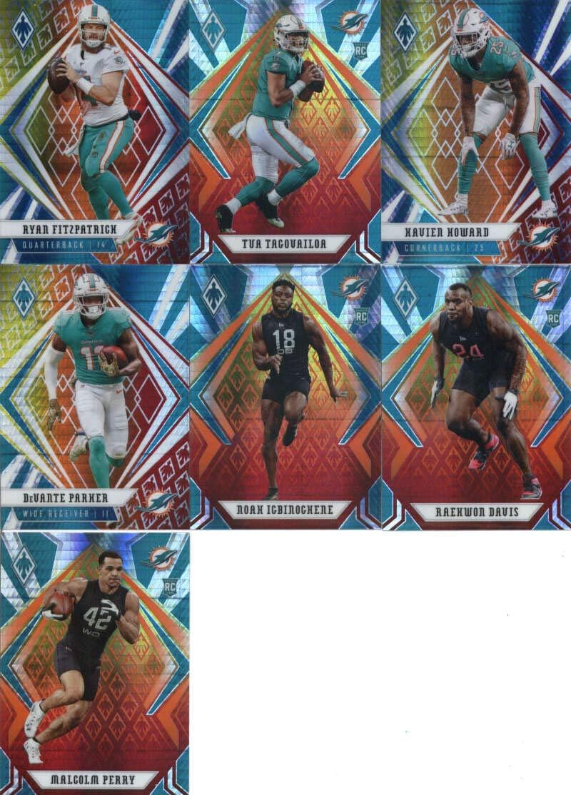 2020 Phoenix Fire Burst Miami Dolphins Team Set of 7 Cards: Ryan Fitzpatrick(#92), Xavien Howard(#93), DeVante Parker(#94), Tua Tagovailoa(#102), Noah Igbinoghene(#154), Raekwon Davis(#167), Malcolm Perry(#190)