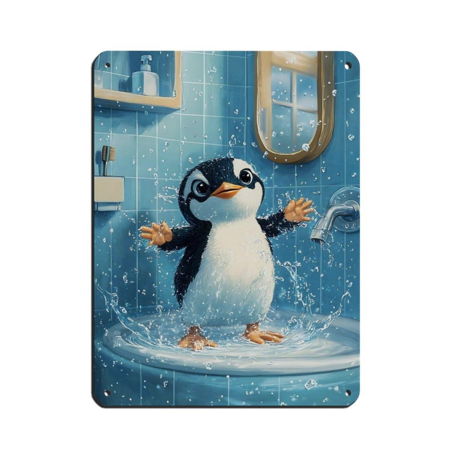 Cute Penguin Splashing in Bathtub Tin Sign Vintage Metal Pub Club Cafe Bar Home Wall Art Decoration Poster Retro 12x16inch(30x40cm)