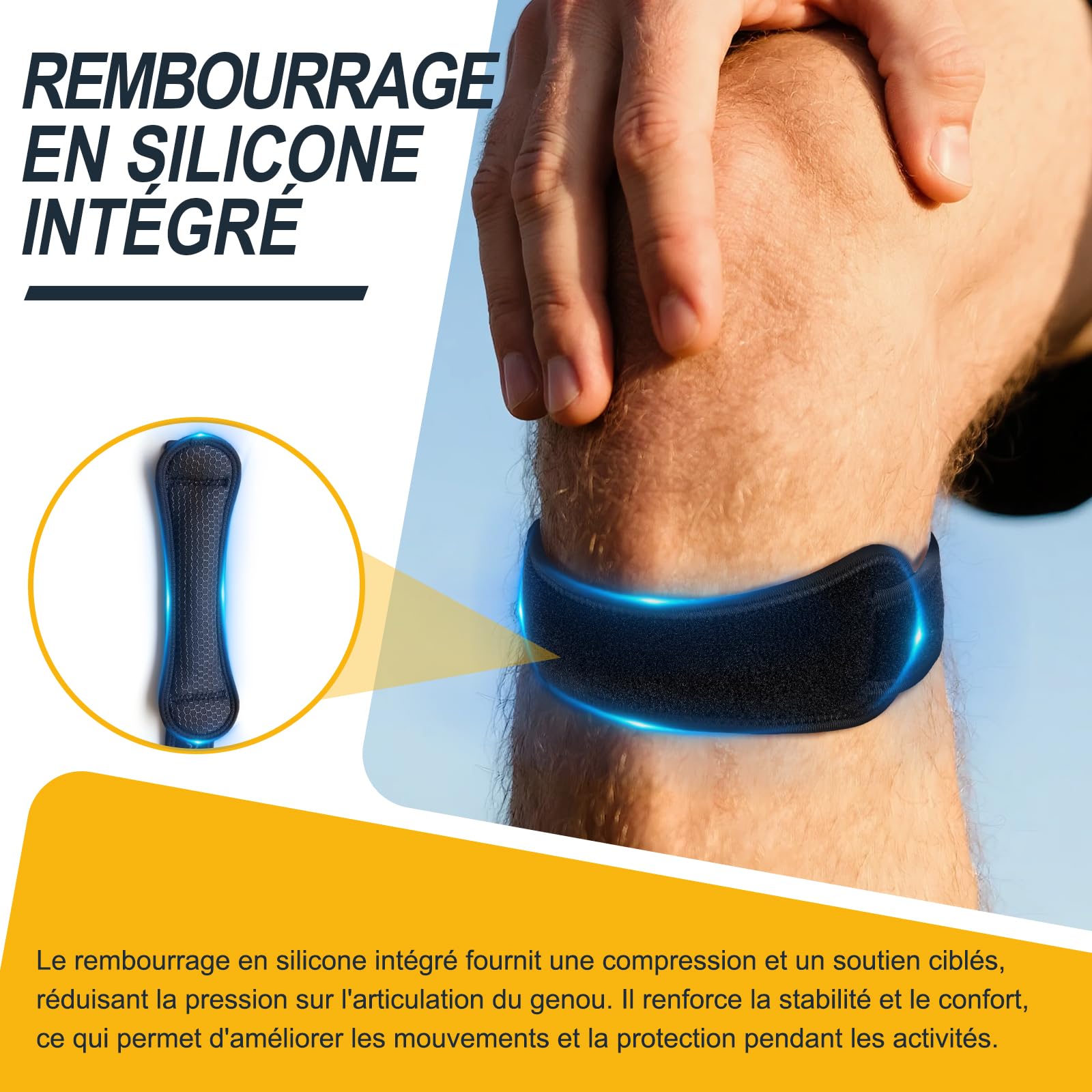 Bande patellaire pour sport, fitness et quotidien – Genouillère réglable contre la tendinite patellaire, genou du coureur et douleurs au genou – Bande unisexe pour taille M/L, 2 pièces