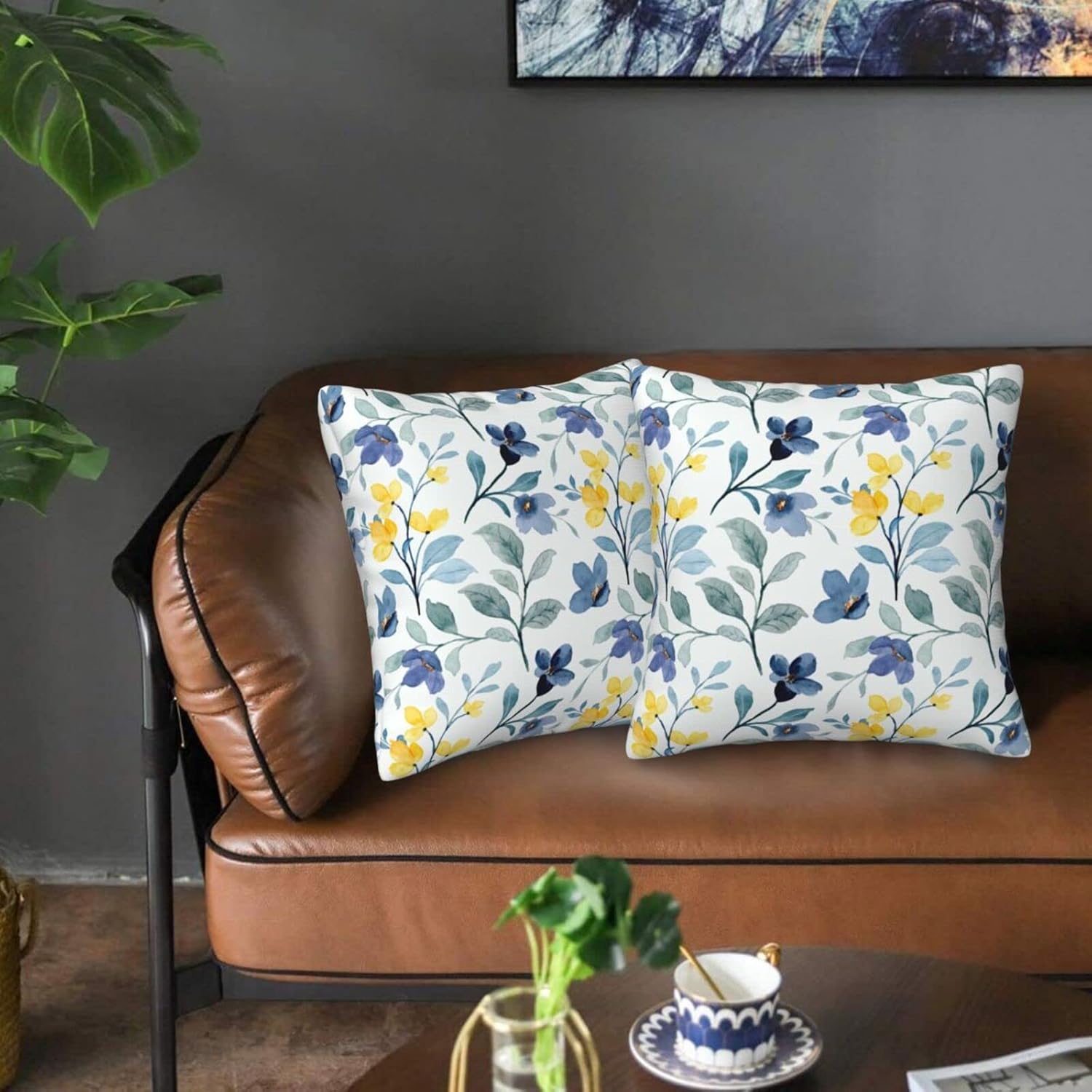 Yellow Blue Floral Pillow Covers 24x24 Inch Set of 2, Watercolor Sage Green Throw Pillows Farmhouse Spring Summer Leaves Outdoor Decorative Pillow Case Square Cushion Covers for Home Sofa Bedroom