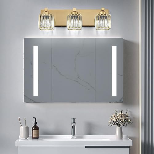 Miniatura 3 de Luces de tocador de baño de cristal dorado, modernas, 3 luces, accesorios de iluminación de baño sobre espejo, lámpara de pared de cristal dorado