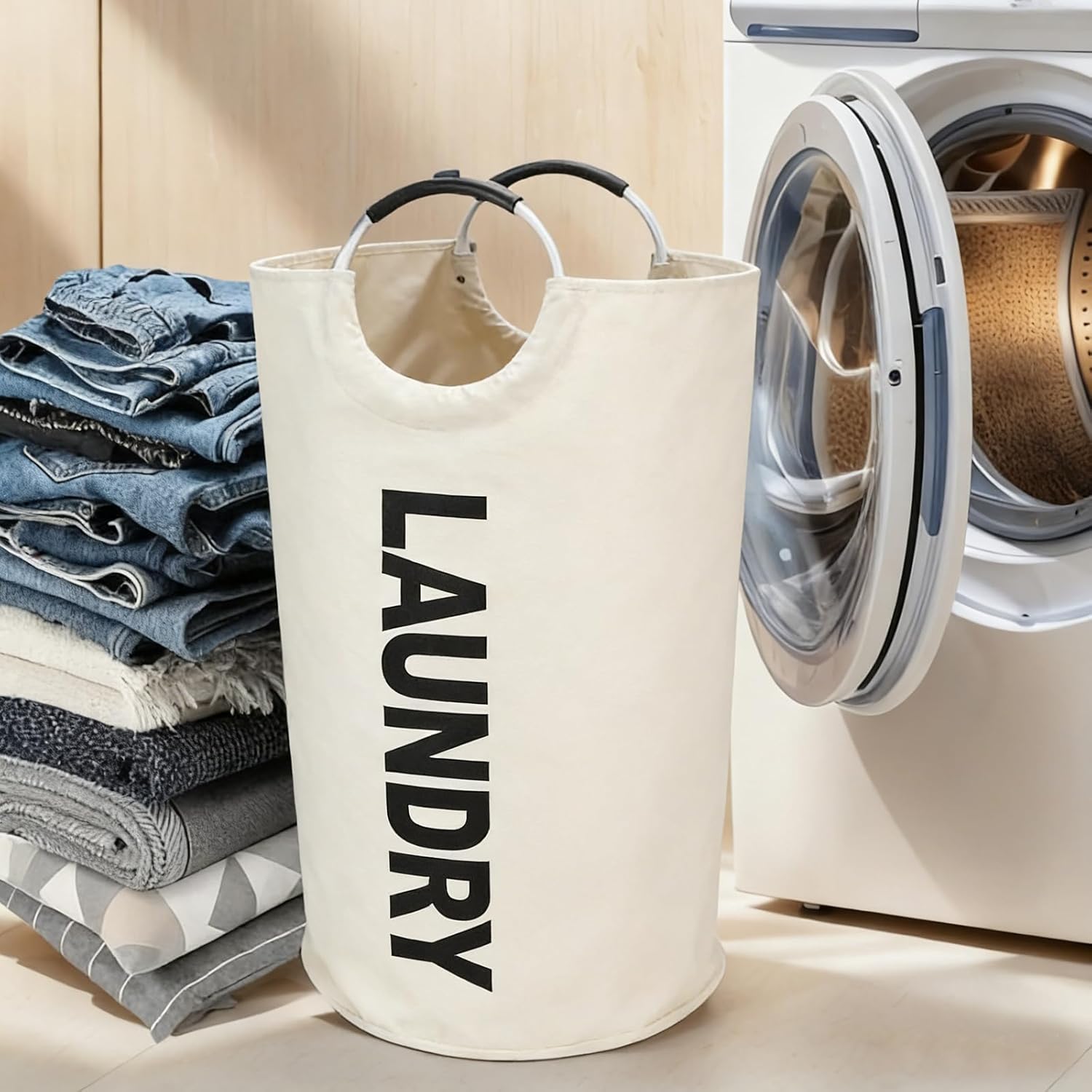 Foldable Clothes Hamper Laundry Basket with Handle Portable Laundry Organizer for Dirty Clothes Storage Home Bathroom (Off White)