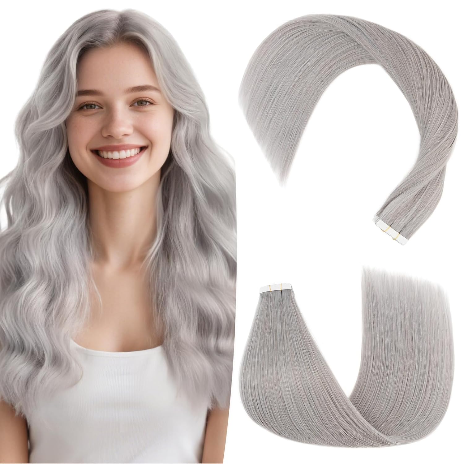 Hairro Tape In Human Hair Extensions For Women 16 inch 50g 20pcs #SILVER