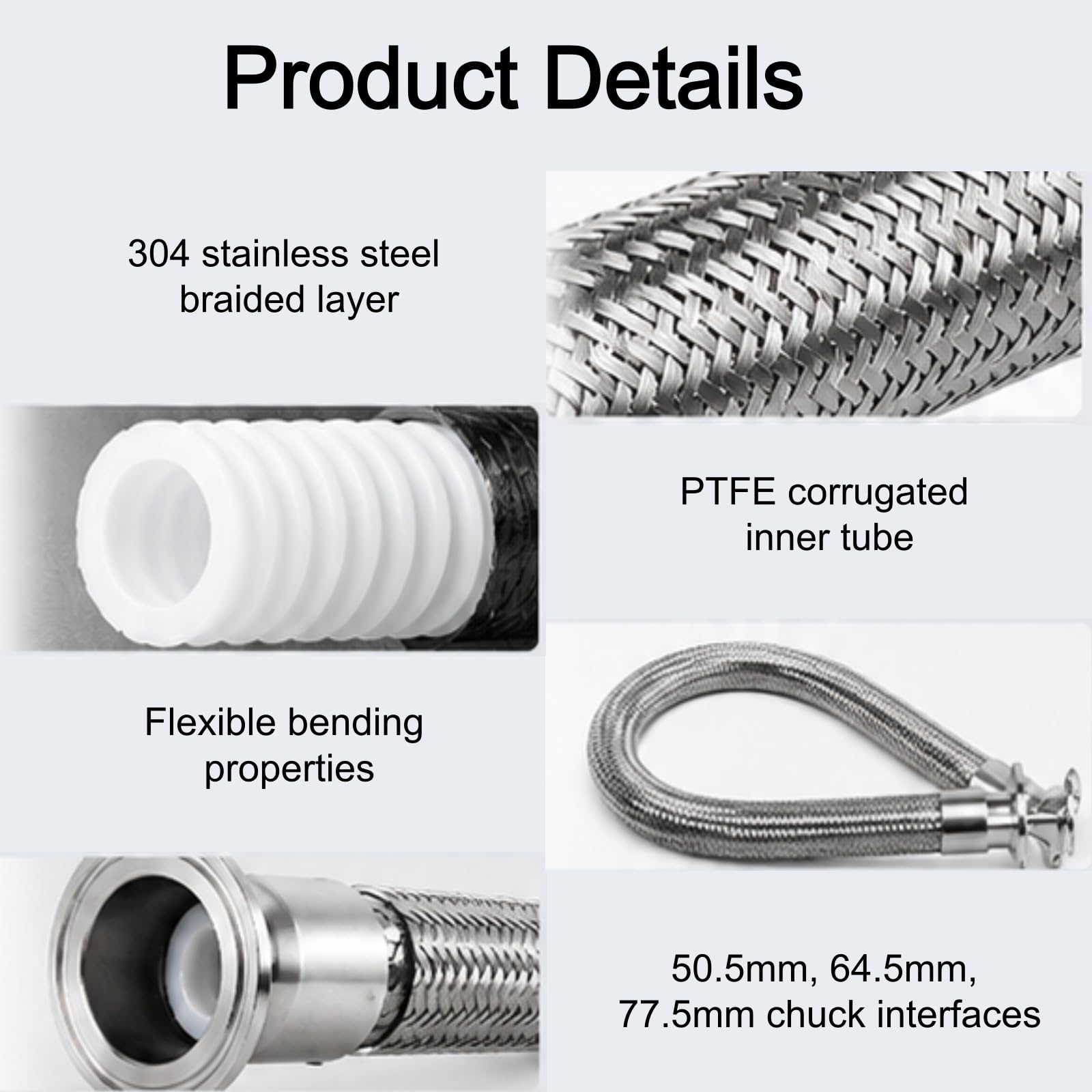 PTFE Wellschlauch mit 304 Edelstahlgeflecht 2 Zoll Tri-Clamp Flexibler Schlauch für Labor- und Industrieflüssigkeitstransfer 38mmx42mm,100cm