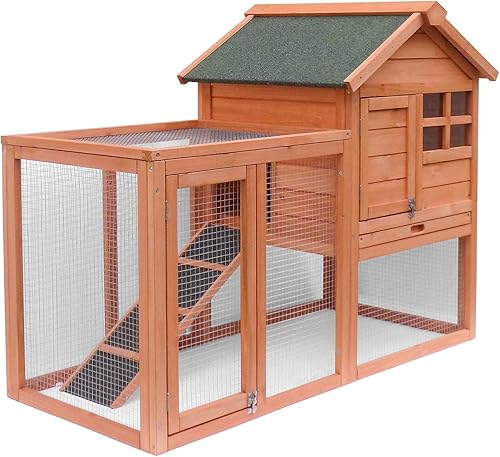 Miniatura 1 de Morhome Gallinero grande de madera para exteriores, conejera de conejo, gallinero con puerta de ventilación, bandeja extraíble y rampa, jardín,