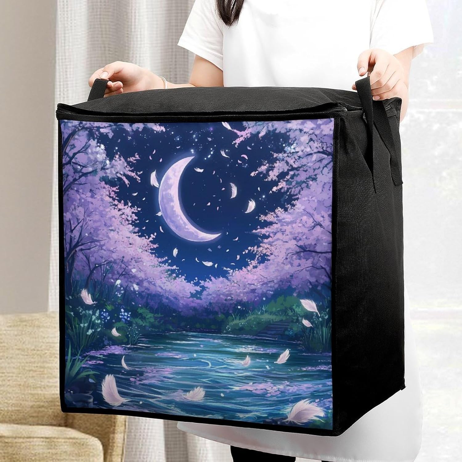 Cherry Flowers Starry Sky Falling Feathers Large Comforter Blanket Storage Bags Bins 70L Closet Organizer with Handles