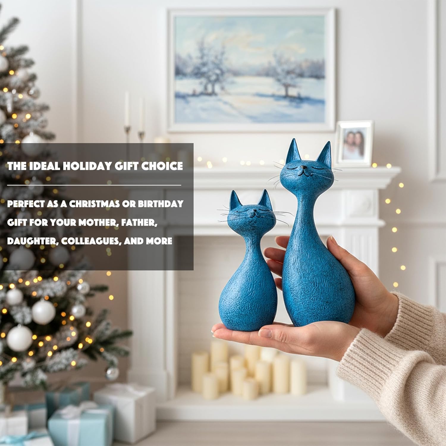 FJS Modern Cat Statues Decor, 8.7" H Navy Blue Cat Sculptures Shelf Table Home Décor Accents, Cute Animals Figurines Decorations for Entryway TV Stand Coffee Table Living Room Bedroom Office