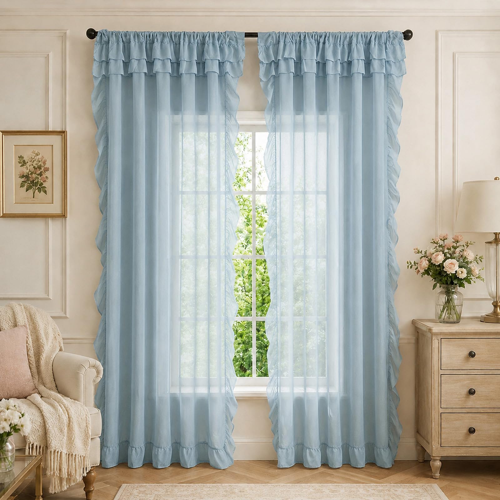 Sswh Light Blue Voile Curtain, Rod Pocket Sheer Curtains For Bedroom, Ruffle Solid Color Voile Net Curtains For Windows Living Room(Size:100x130cm/W 39" X L 51" (2 Panels),Color:light Blue)