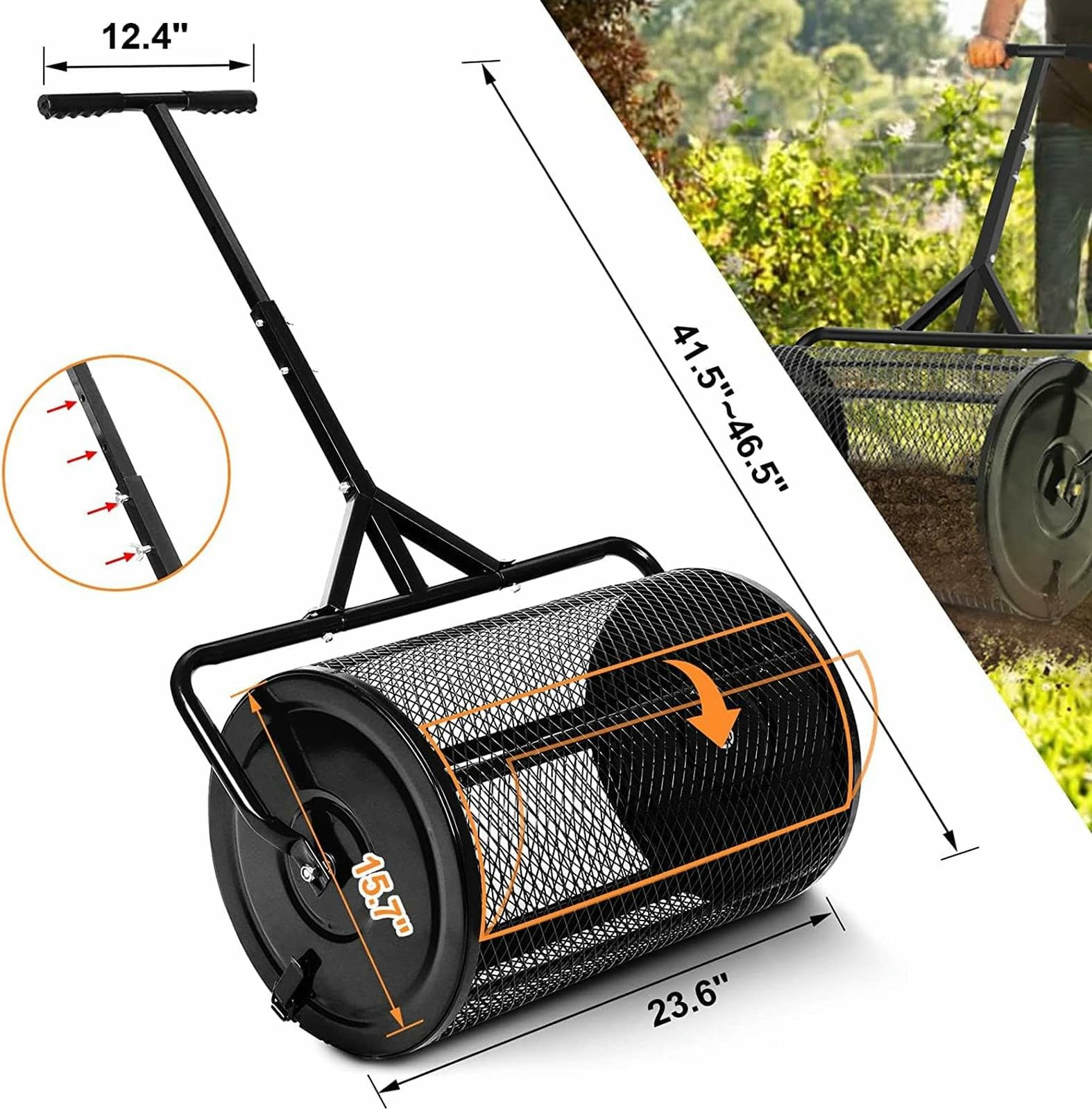 Distribuidor de Compost, Distribuidor de turba, Distribuidor de estiércol Ligero de Malla metálica con Mango Ajustable en Forma de T para Plantar y sembrar