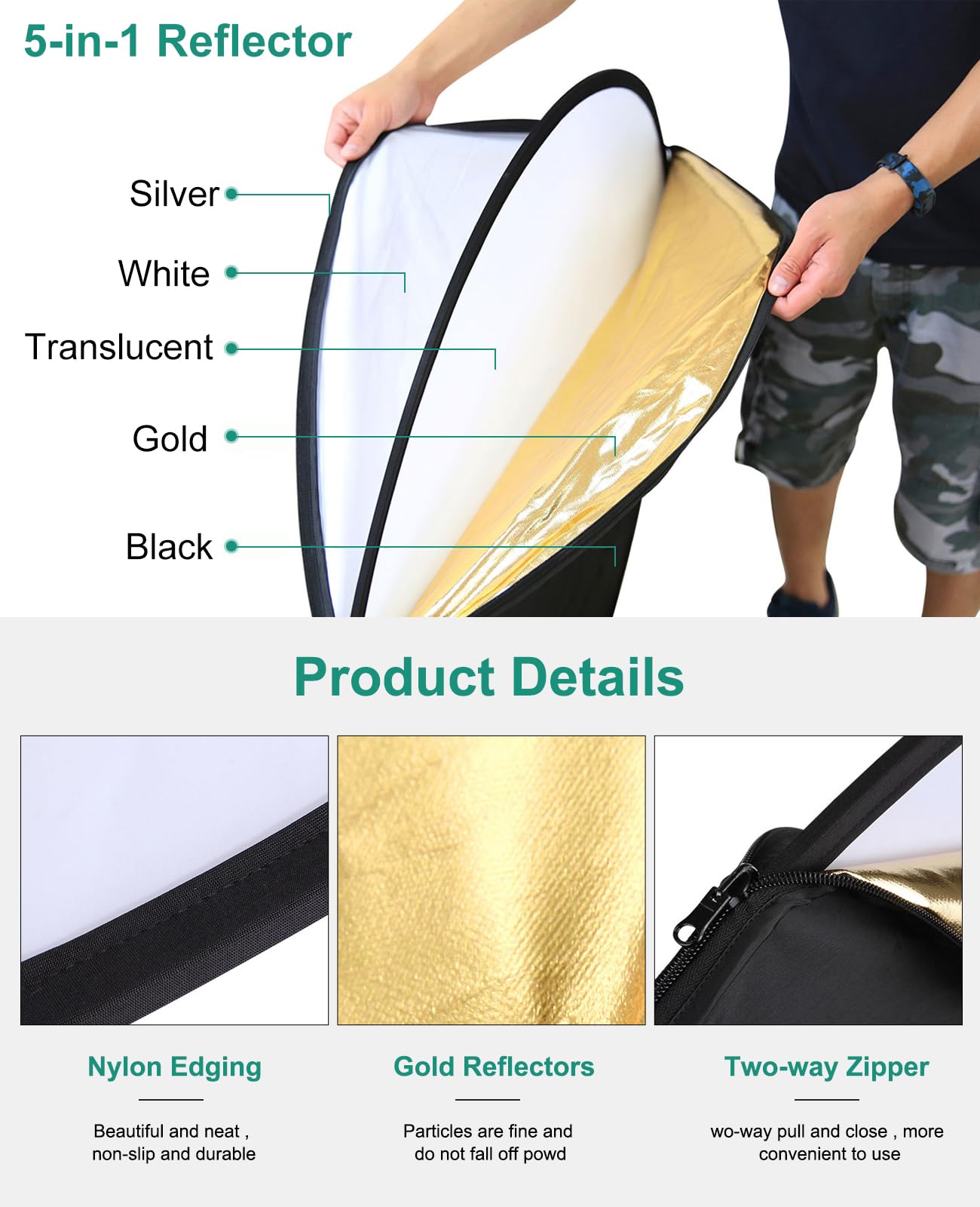 43" (110cm) Photography Reflector, 5 In 1 Light Diffuser