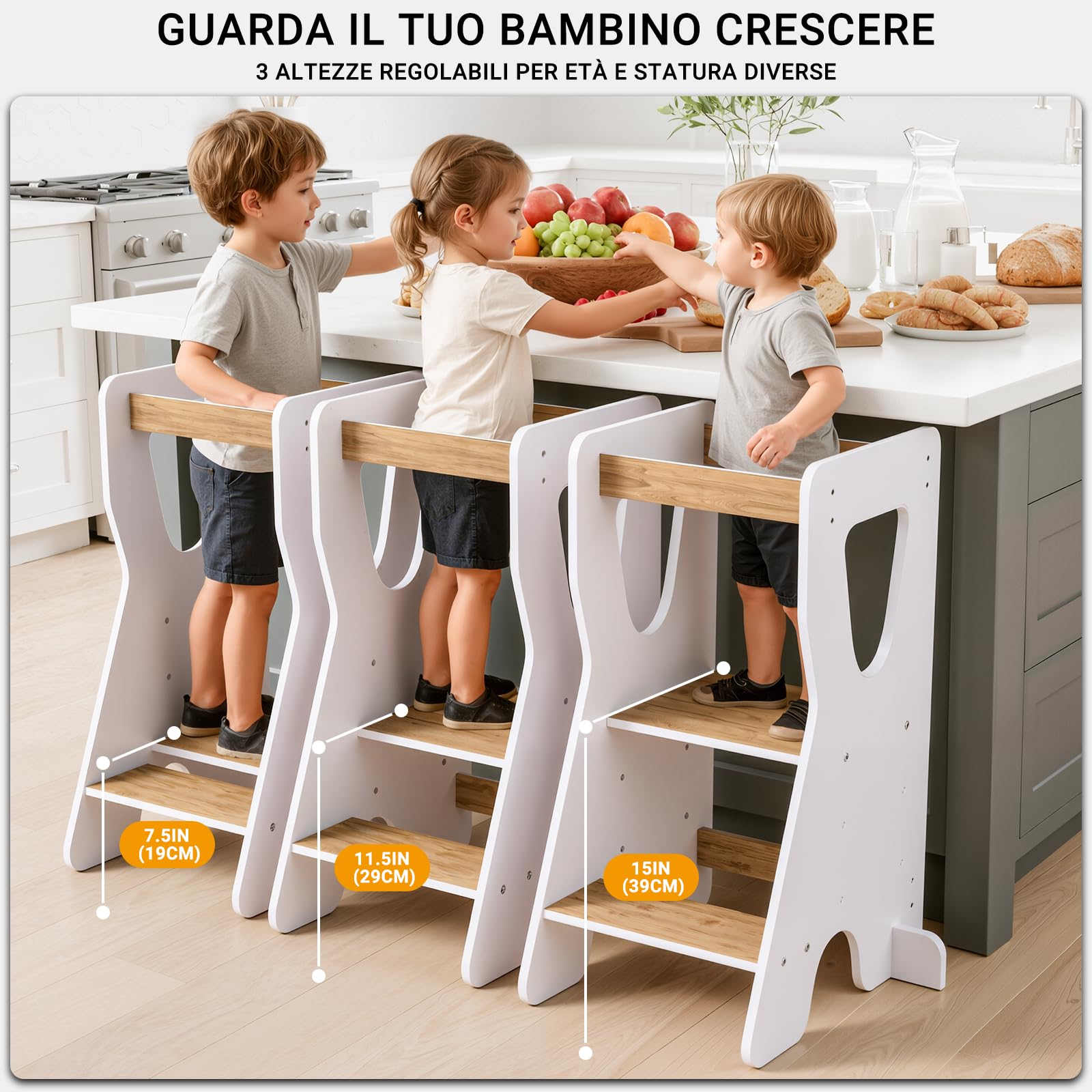 COSYLAND Torre Montessoriana Bambini Legno Naturale 3 Altezze Regolabili Bianco e Naturale