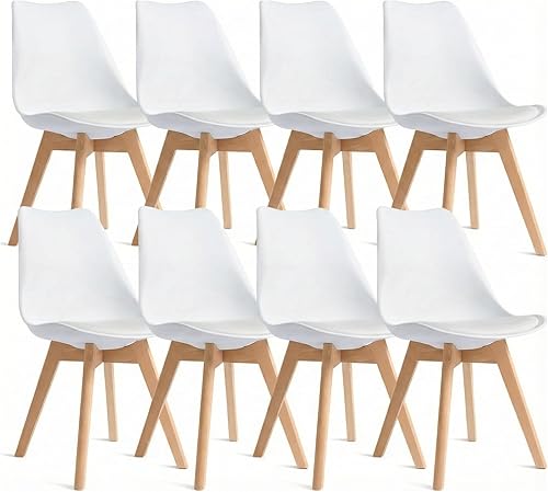 Dining Chairs Set of 8, Modern Upholstered Dining Room Chairs with PU Leather Padded Seat, Armless Kitchen Chairs with Curved Backrest and Solid Wood Legs for Dining Room, Kitchen, Apartment, White