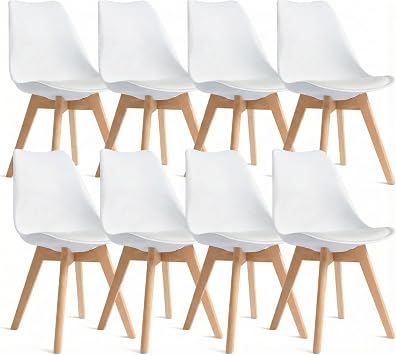 Dining Chairs Set of 8, Modern Upholstered Dining Room Chairs with PU Leather Padded Seat, Armless Kitchen Chairs with Curved Backrest and Solid Wood Legs for Dining Room, Kitchen, Apartment, White