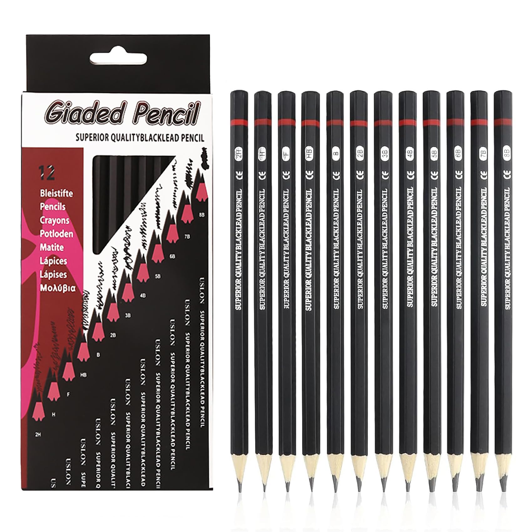 liuchanghe Lápices de Dibujo Profesionales, 12 Lápices de Grafito, Lapices 2H H F HB B 2B 3B 4B 5B 6B 7B 8B, Apto para Pintores y Niños Adultos Artistas Principiantes Profesionales