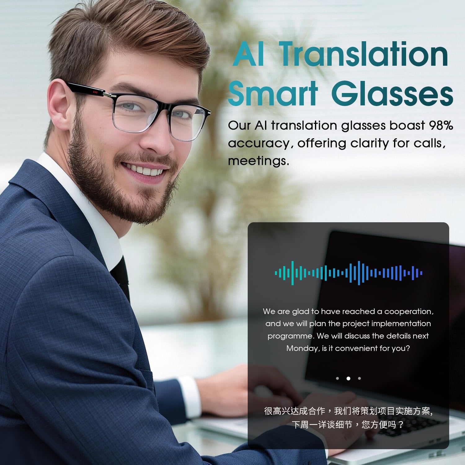 Occhiali intelligenti AI per uomini e donne, supporta oltre 160 lingue, traduzione in tempo reale tramite app, design audio open ear, lenti fotocromatiche, Bluetooth 6.0, occhiali da traduzione per