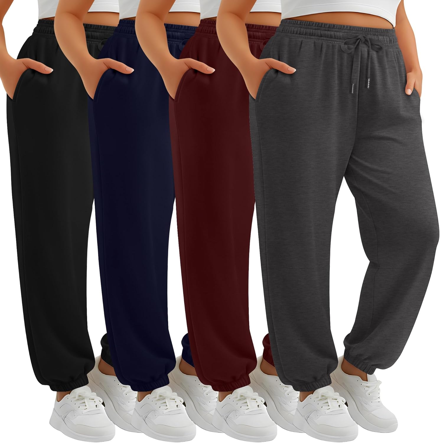JoyMotion 4 Pack Women's Plus Size Sweatpants, Drawstring Loose Fit Joggers Pants Comfy Casual Athletic Pants with Pockets