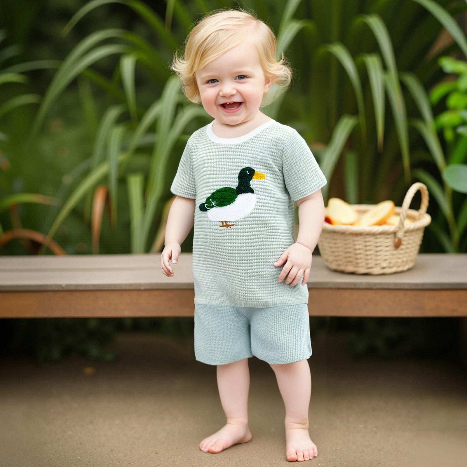 Socutebabe Toddler Boy Summer Outfits Mallard Duck Short Sleeve Top And Shorts 2 Piece Smocked Outfit Baby Clothes (Duck Green, 18-24 Months)