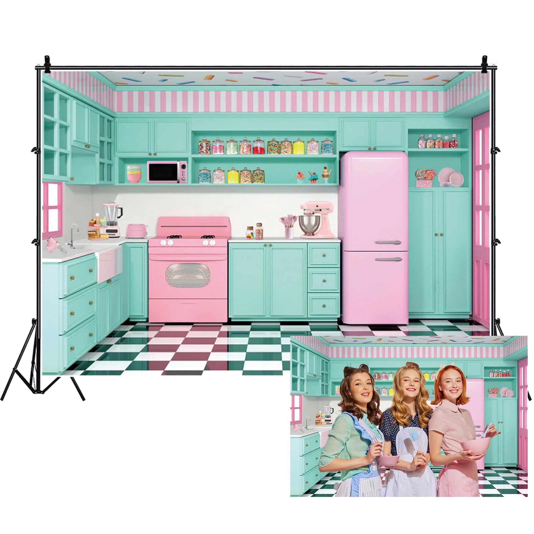AOFOTO 8x6ft Kitchen Backdrop Retro 50s Diner Cooking Backdrop Background for Photography Pink Green Kitchen 1950s Dinner Party Birthday Decorations