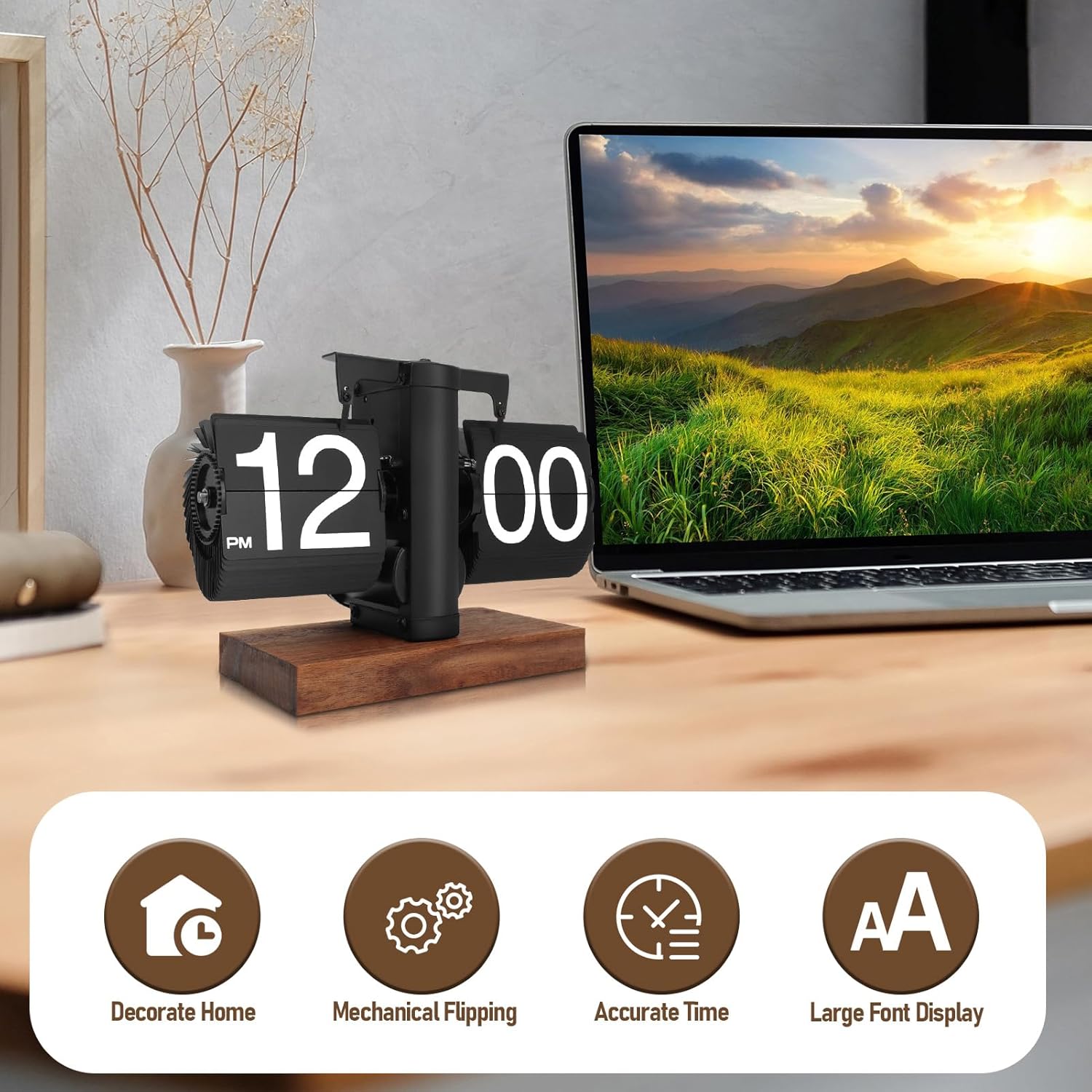 Flip Clock, Digital Retro Flip Clock, Auto Flip Clock Vintage, Large Number Flip Desk Clock, Gear Operated Flip Alarm Clock for Home, Office Decor