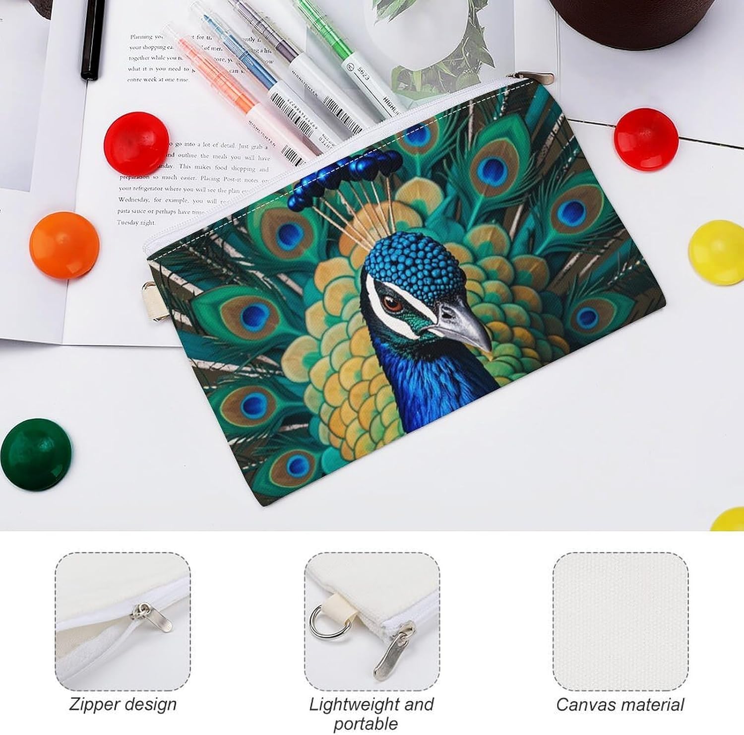 Blue Peacock Coin Purse Coin Pouch with Zipper for Men Women Portable Change Wallet Canvas Coin Bag
