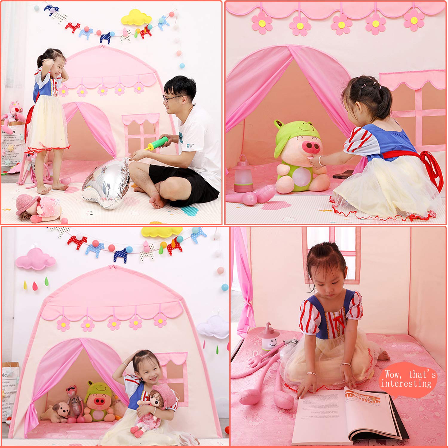 Tenda da gioco per bambini con luci a stella, rosa, per interni ed esterni
