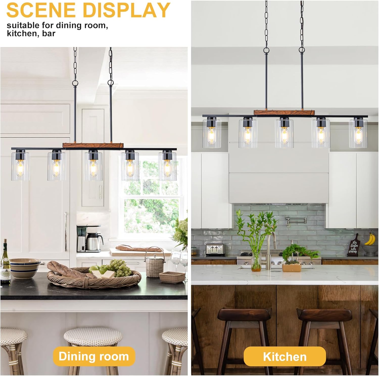 WILON Kitchen Island Lighting, 5 Lights Black Linear Chandeliers Modern Farmhouse Chandelier with Glass Shades for Kitchen Island Living Dining Room Foyer Bedroom(Black,5 Lights)