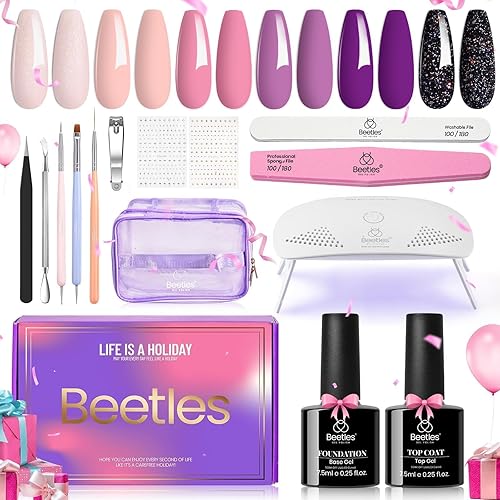 Beetles - Kit de esmalte de uñas de gel con lámpara LED portátil, 20 unidades, 6 colores, San Valentín, rosa, morado, kit de iniciación de esmalte