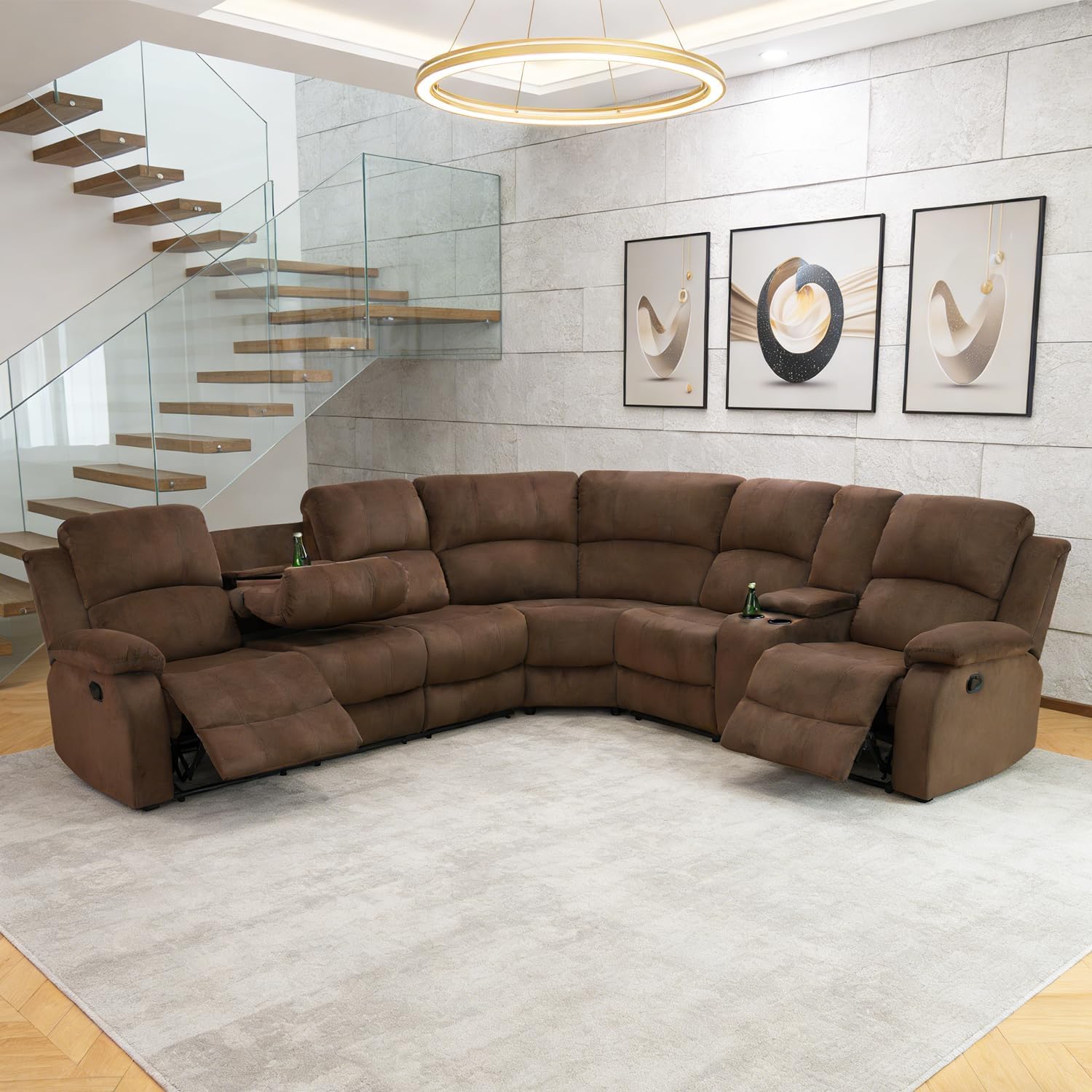 Recliner Sectional Sofa for Living Room Furniture Sets,L Shaped Microfiber Manual Reclining Corner Couch with Storage Console/Convertible Backrest Coffee Table/Cup Holders(Brown,Sectional)