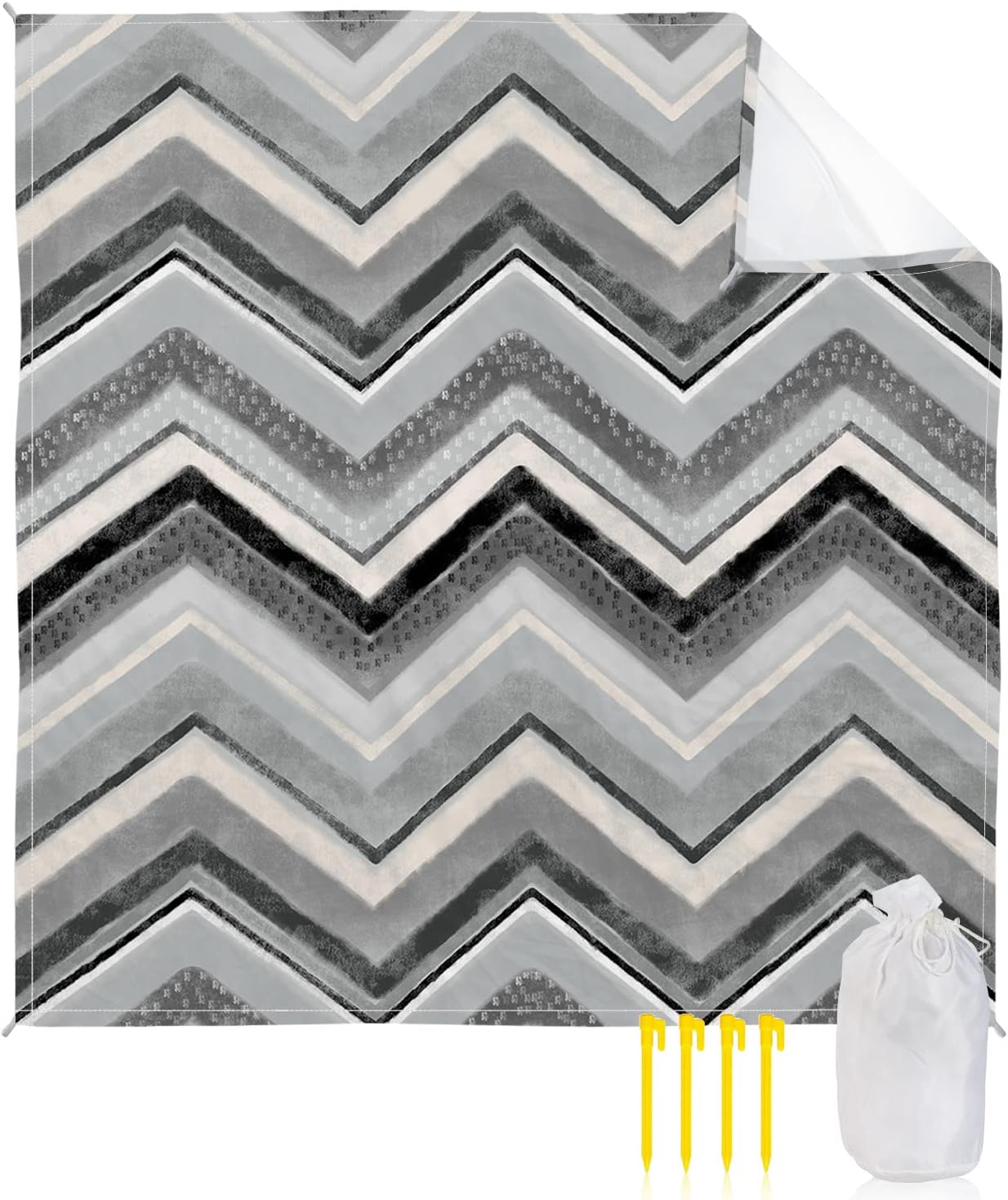 Grey Black Ethnic Zig Zag Stripes Beach Blanket Waterproof Sandproof Outdoor Picnic Mat 95"x80" Minimalist Northern Europe Style Lightweight Large Beaach Blankets with 4 Stake & 4 Corner Pockets